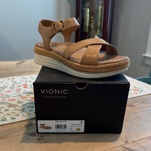 Vionic Tan Leather Espadrille Platform Sandal with Buckle